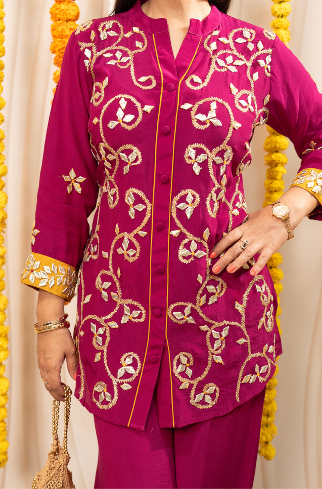 NAZM-  Magenta Pink Embroidered Two Piece Pathani Set