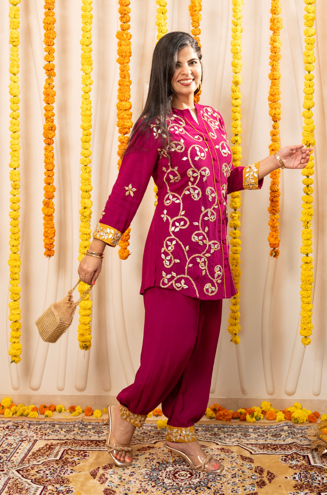 NAZM-  Magenta Pink Embroidered Two Piece Pathani Set