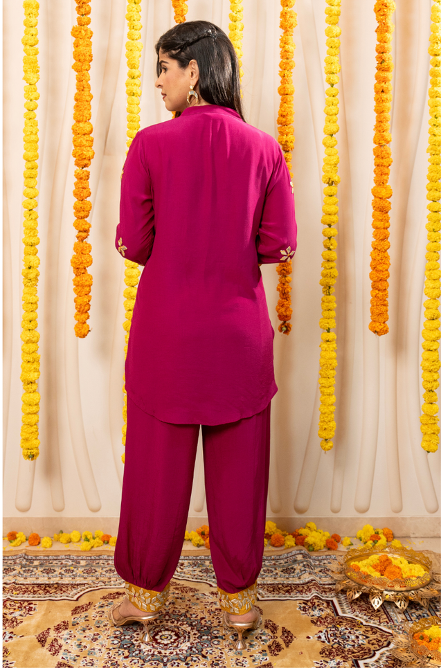 NAZM-  Magenta Pink Embroidered Two Piece Pathani Set