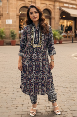 DESI SWAG -Blue Floral Printed Pathani Set
