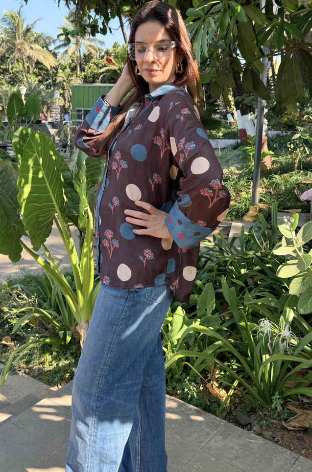 Jazba-Brown Polka Bloom Printed Shirt