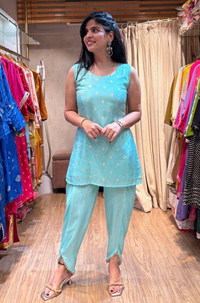 PHULJARI- Pastel Blue Three Piece set with Inner and Jacket