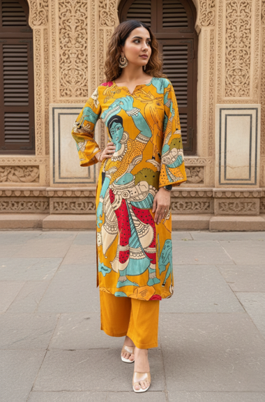 Yellow Printed Straight fit Kurta With  Pants
