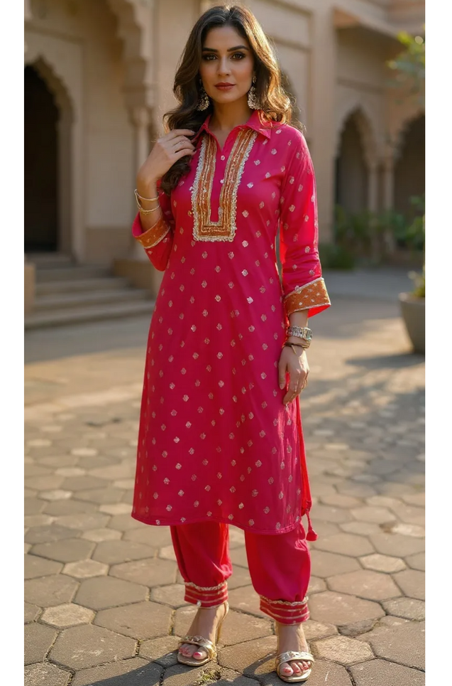 PHULJARI-Bright Pink Festive Jacquard Pathani Set