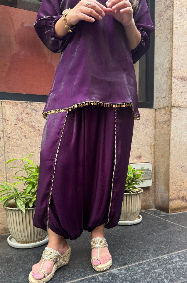 Mizaaj- Purple Tunic style Top  with Dhoti Skirt Set(PRE-0RDER)