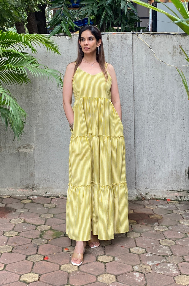 REZAAR-  Lime Green Striped Tiered Gown with Printed Jacket