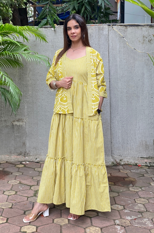 REZAAR-  Lime Green Striped Tiered Gown with Printed Jacket
