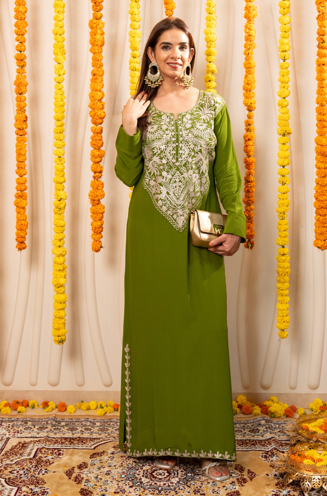 NAZM-  Kasab Embroidered Green  Ethnic Dress