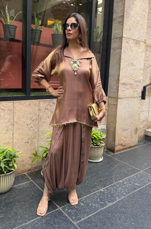 Mizaaj-Mocha Tunic style Top  with Dhoti Skirt Set(PRE-0RDER)