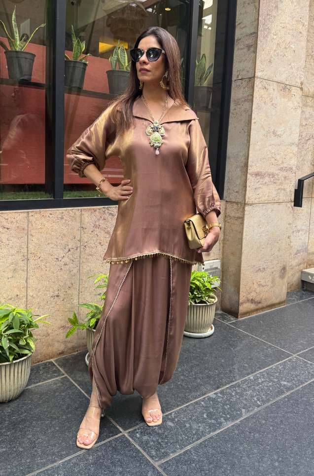 Mizaaj-Mocha Tunic style Top  with Dhoti Skirt Set(PRE-0RDER)