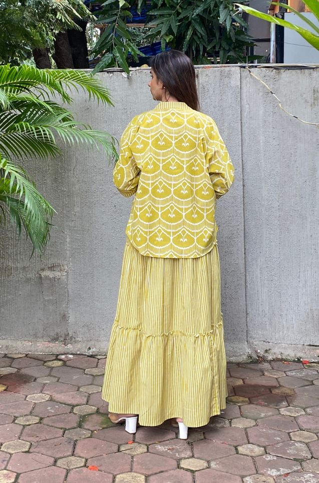 REZAAR-  Lime Green Striped Tiered Gown with Printed Jacket
