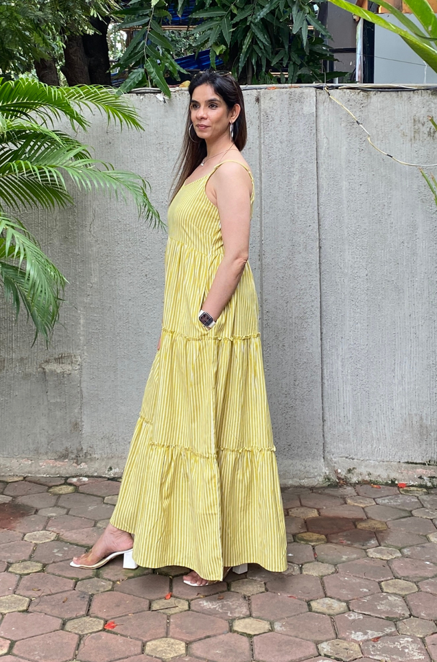 REZAAR-  Lime Green Striped Tiered Gown with Printed Jacket