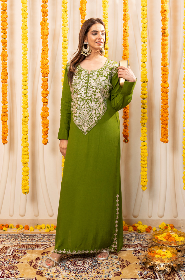 NAZM-  Kasab Embroidered Green  Ethnic Dress