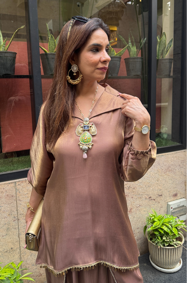 Mizaaj-Mocha Tunic style Top  with Dhoti Skirt Set(PRE-0RDER)