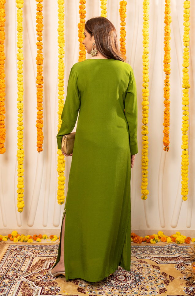 NAZM-  Kasab Embroidered Green  Ethnic Dress