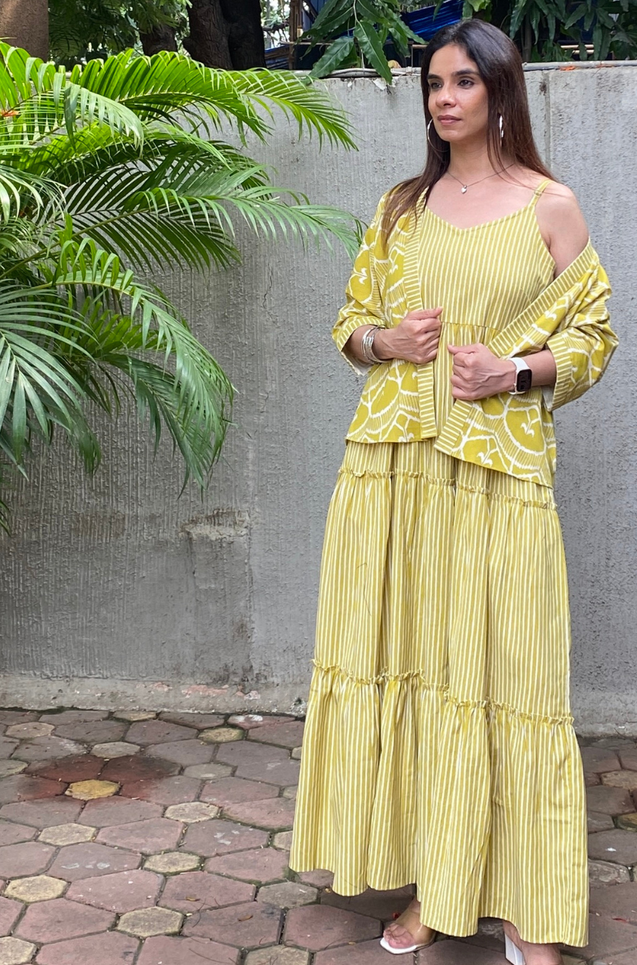 REZAAR-  Lime Green Striped Tiered Gown with Printed Jacket
