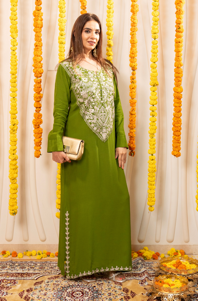 NAZM-  Kasab Embroidered Green  Ethnic Dress