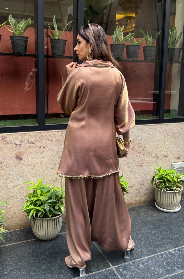Mizaaj-Mocha Tunic style Top  with Dhoti Skirt Set(PRE-0RDER)