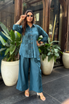 Rozana -Teal Blue Shirt Collar Cutwork Co-Ord Set with Straight Pants