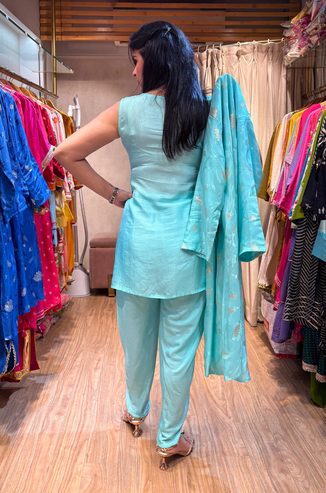 PHULJARI- Pastel Blue Three Piece set with Inner and Jacket