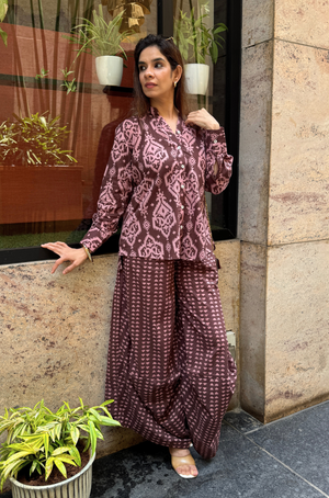 Rozana- Mauve Printed Drape Pant Co-Ord Set (PRE-ORDER)