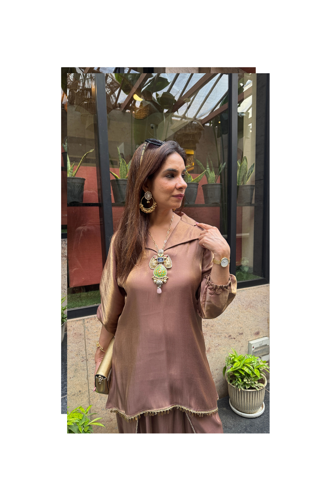 Mizaaj-Mocha Tunic style Top  with Dhoti Skirt Set(PRE-0RDER)
