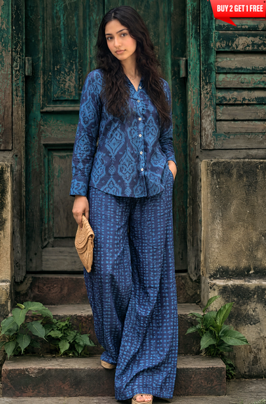 Rozana-Blue Printed Drape Pant Co-Ord Set (Pre-Order)