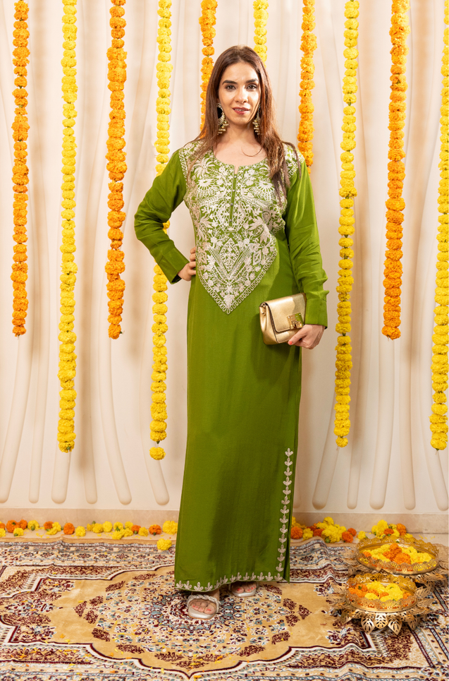 NAZM-  Kasab Embroidered Green  Ethnic Dress