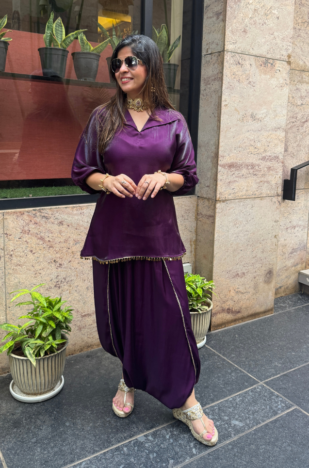 Mizaaj- Purple Tunic style Top  with Dhoti Skirt Set(PRE-0RDER)