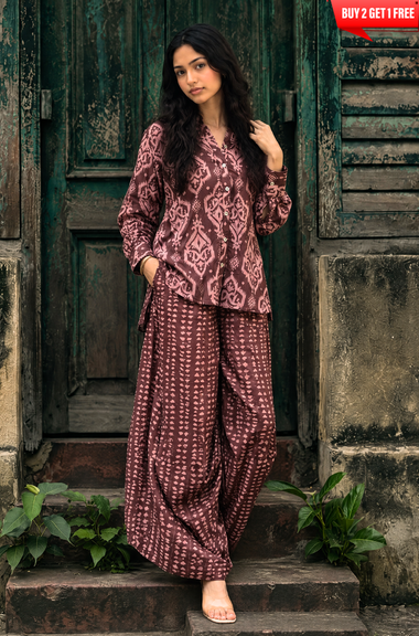Rozana- Mauve Printed Drape Pant Co-Ord Set (PRE-ORDER)