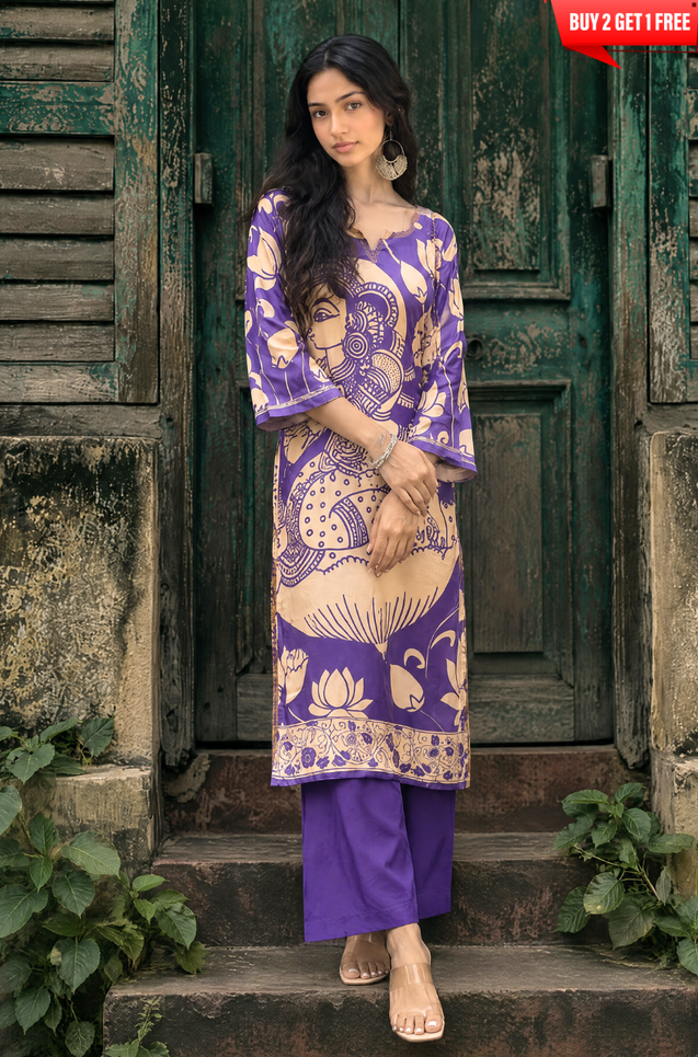 RIWAAYAT REBEL- Folk Art Inspired Purple Printed Straight Kurta Set With Pants