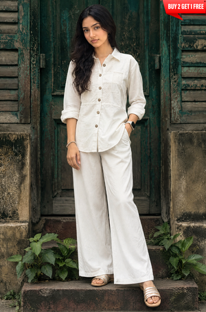 Rozana - White Shirt Collar Cutwork Co-Ord Set with Straight Pants