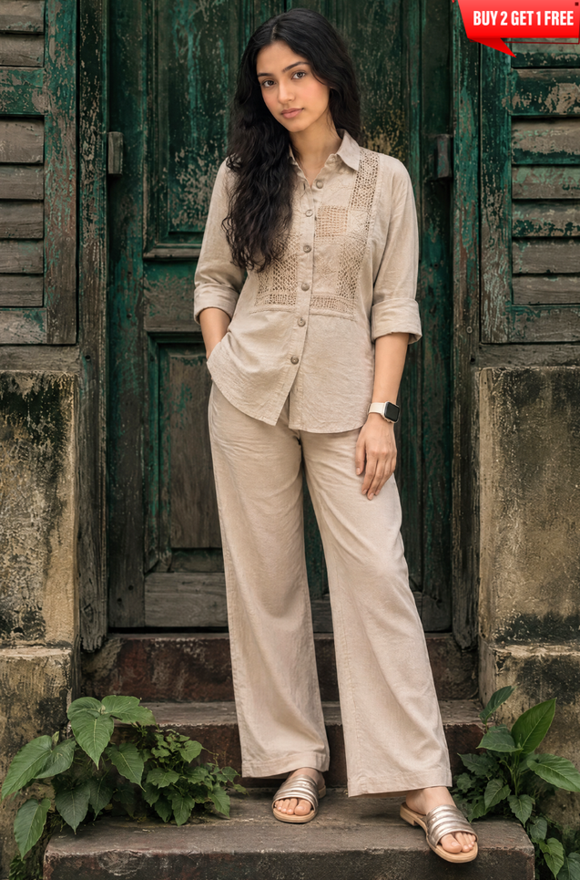 Rozana - Beige Shirt Collar Cutwork Co-Ord Set with Straight Pants