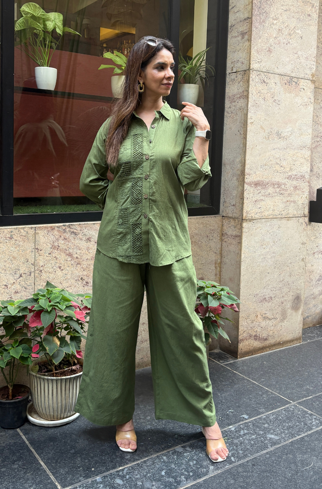 Rozana- Olive Green Shirt Collar Cutwork Co-Ord Set with Straight Pants