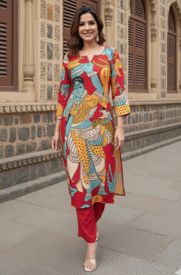 Red Printed Straight fit Kurta With  Pants