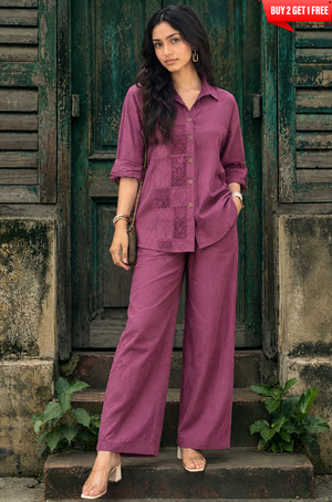 Rozana - Plum Shirt Collar Cutwork Co-Ord Set with Straight Pants
