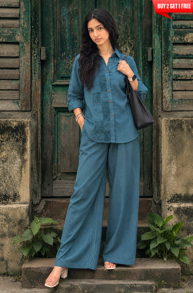 Rozana -Teal Blue Shirt Collar Cutwork Co-Ord Set with Straight Pants