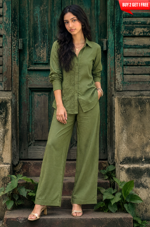 Rozana- Olive Green Shirt Collar Cutwork Co-Ord Set with Straight Pants