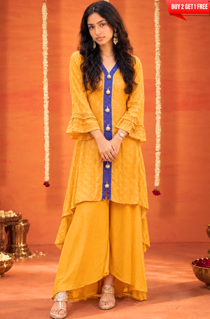 MEHER-Yellow  Bandhani  High-Low Kurta With  Flared Pant