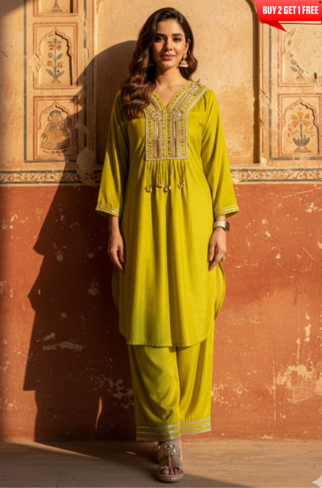 FITOOR-Lime Green Embroidered Kurta Set