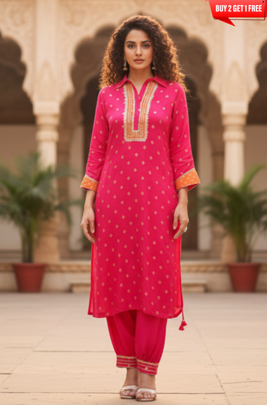 PHULJARI-Bright Pink Festive Jacquard Pathani Set