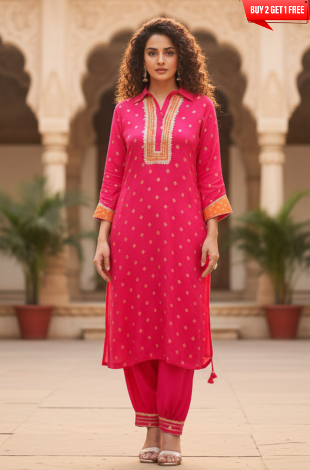 PHULJARI-Bright Pink Festive Jacquard Pathani Set