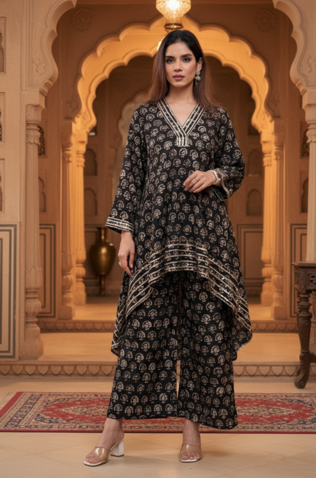 Black Printed  High Low Two Piece Set