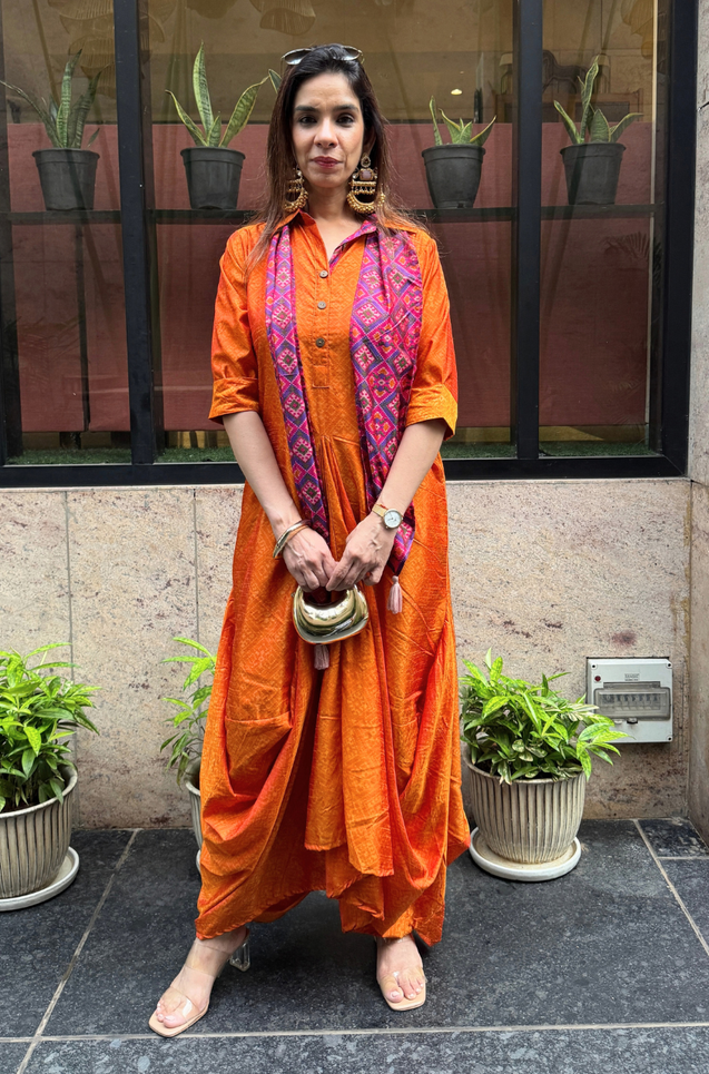 Festive -Rust Orange  Elegant Fusion Patola Printed Drape  Dress