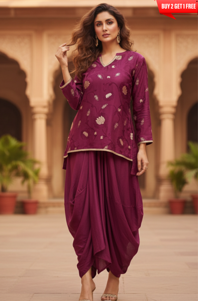 FITOOR-Plum Wine Short Kurta With Drape Skirt