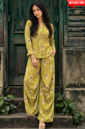 Rozana- Lime Green Printed Drape Pants Co-ord Set (PRE-ORDER)