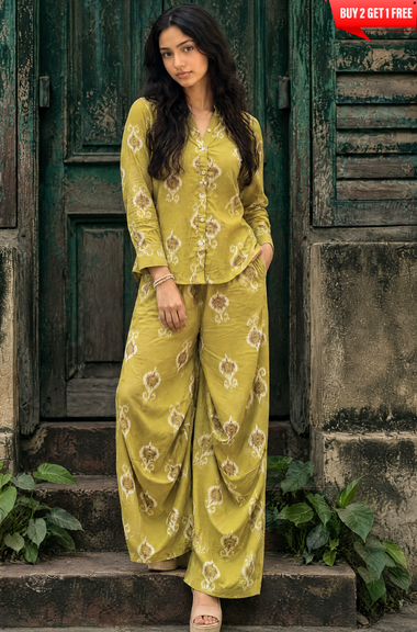 Rozana- Lime Green Printed Drape Pants Co-ord Set (PRE-ORDER)