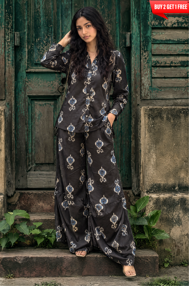 Rozana- Black Printed Drape Pants Co-ord Set (PRE-ORDER)