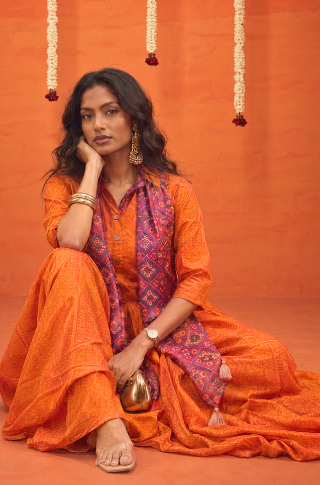 Festive -Rust Orange  Elegant Fusion Patola Printed Drape  Dress