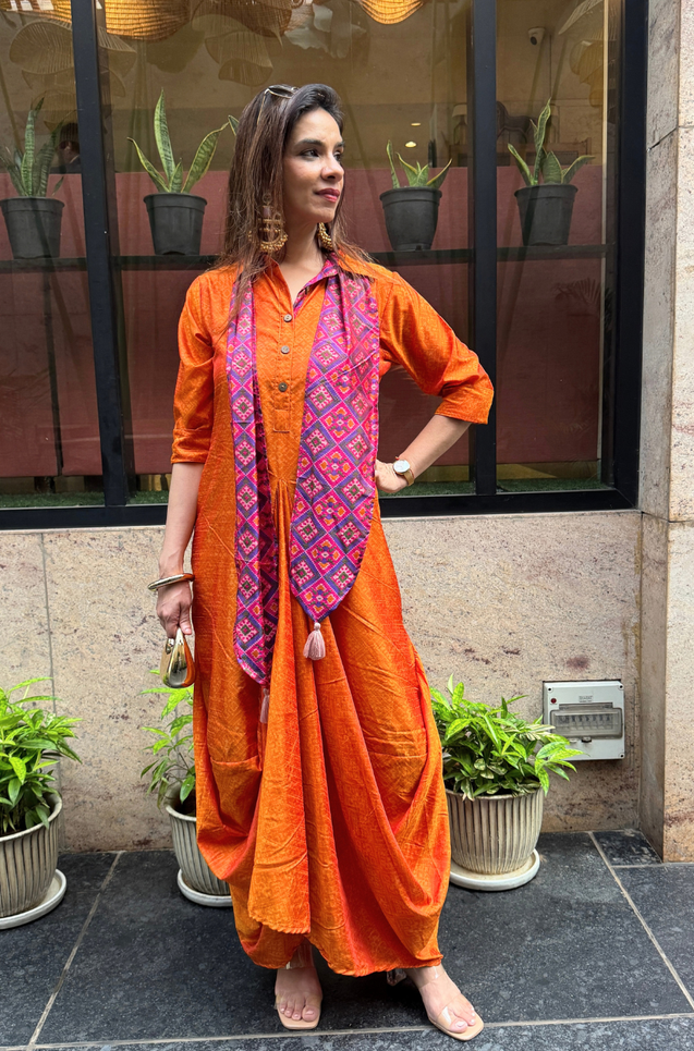 Festive -Rust Orange  Elegant Fusion Patola Printed Drape  Dress